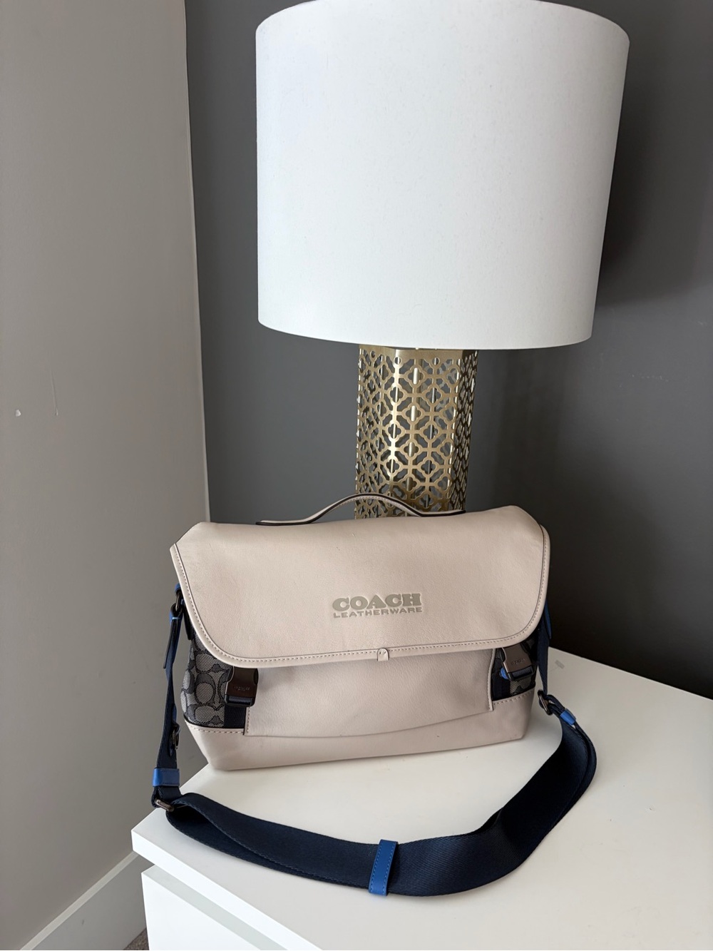 Coach Cream Messenger Bag with Navy Strap